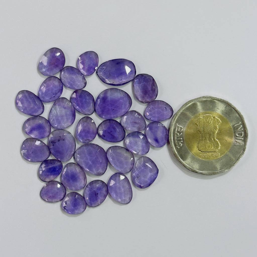 Purple gemstones with a coin for scale on a light gray background