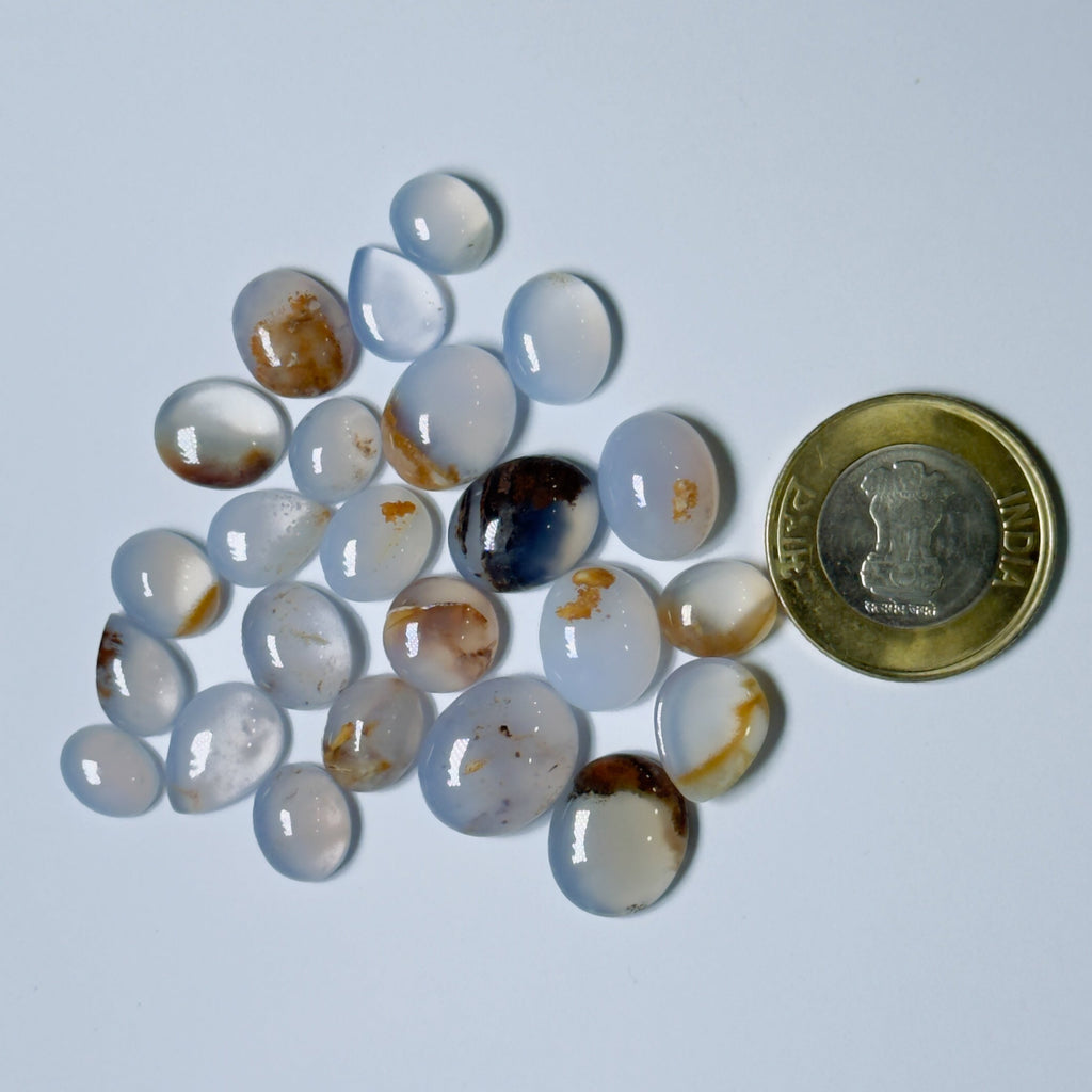 Collection of teardrop-shaped agate stones with a coin for scale on a white