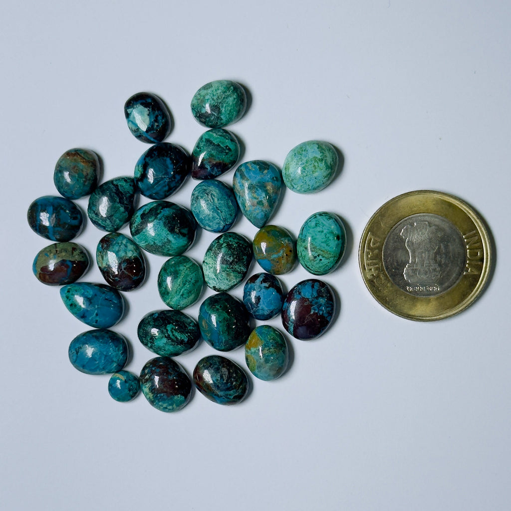 Turquoise stones with a coin for scale on a white background