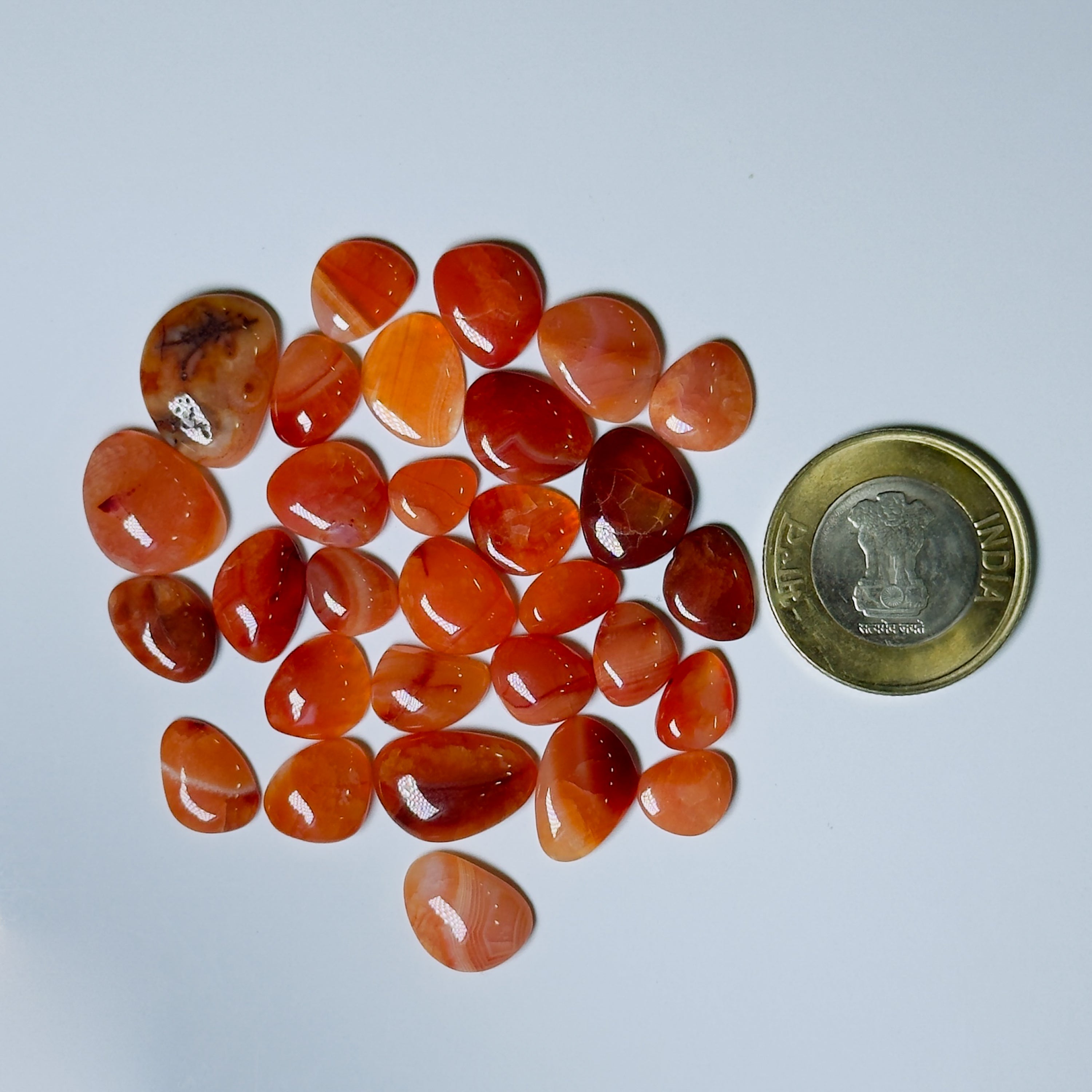 Orange stones on a white background with a coin for scale