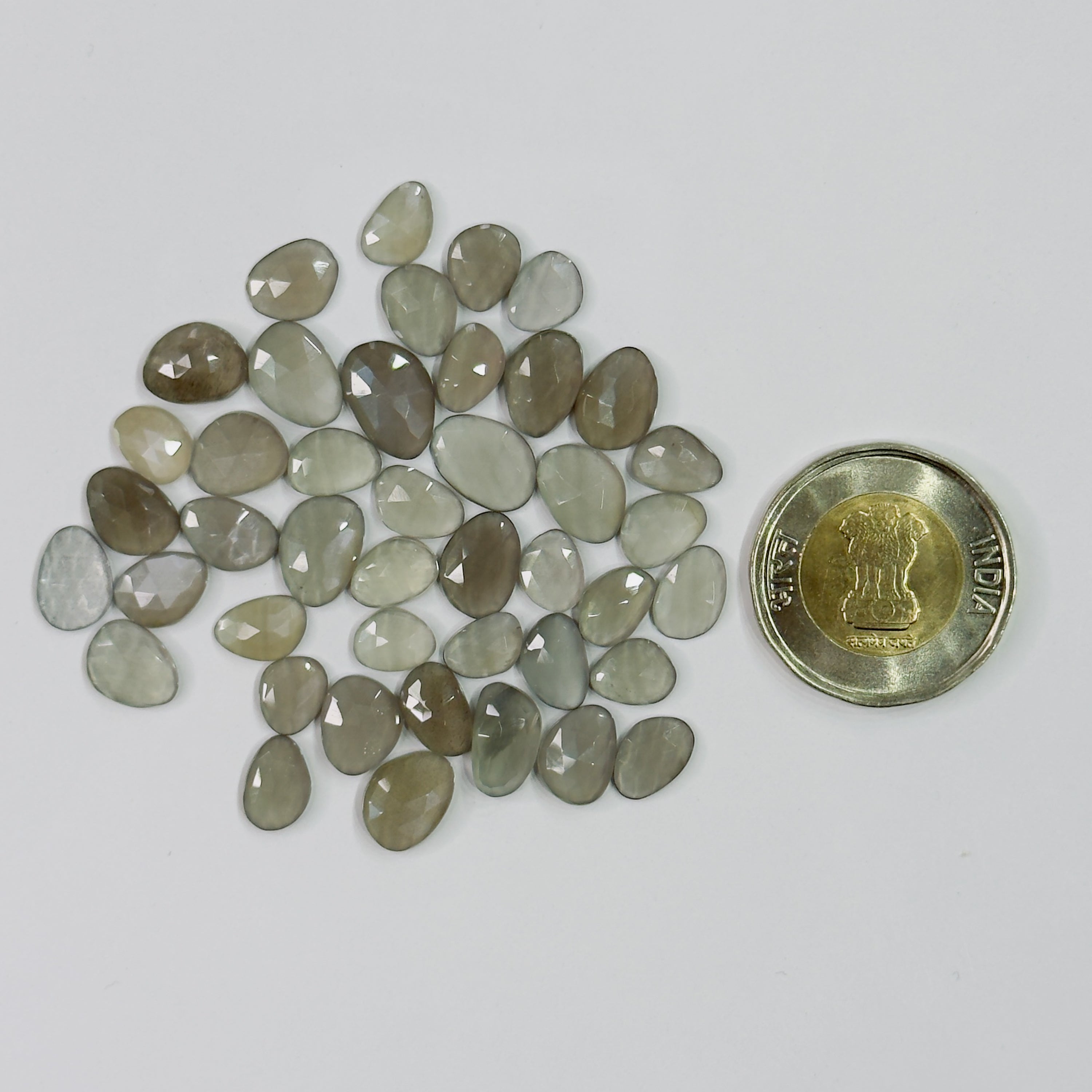Teardrop-shaped stones on a white background with a coin for scale.