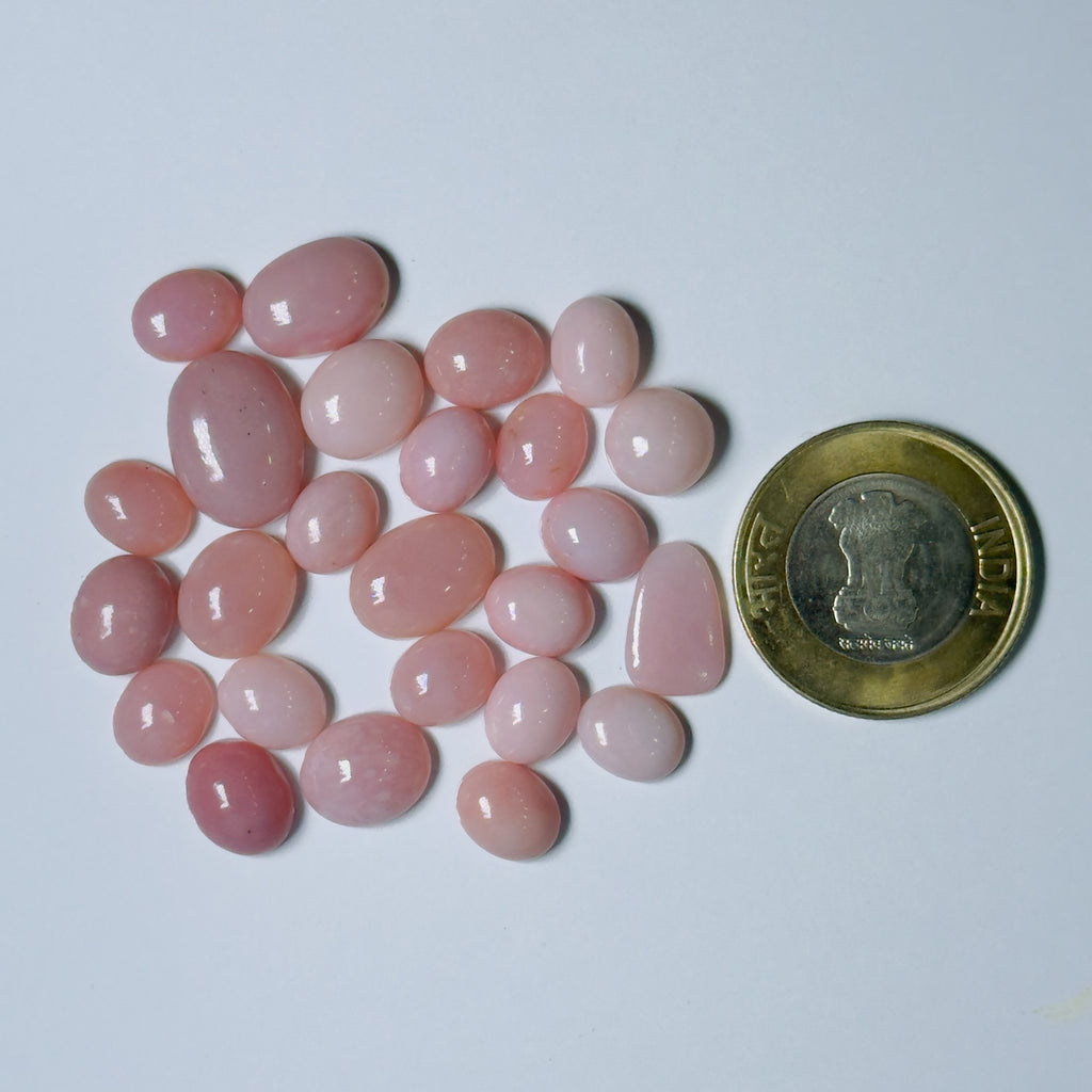 Pink stones on a white background with a coin for scale