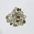 Collection of brown and beige stones on a white background