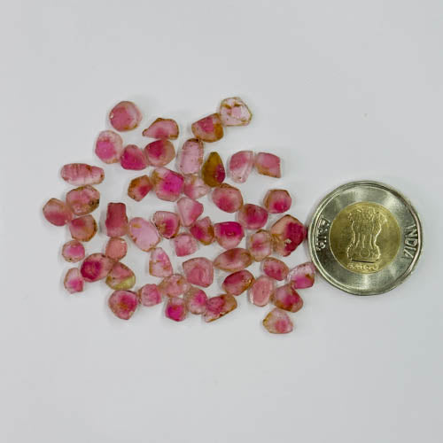 Pink and red gemstones with a coin for scale on a white background