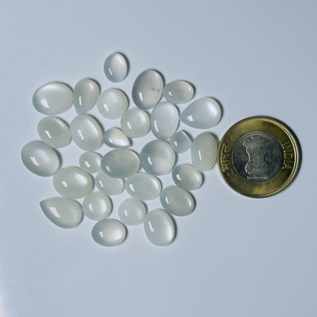 Teardrop-shaped White stones with a coin for scale on a White background